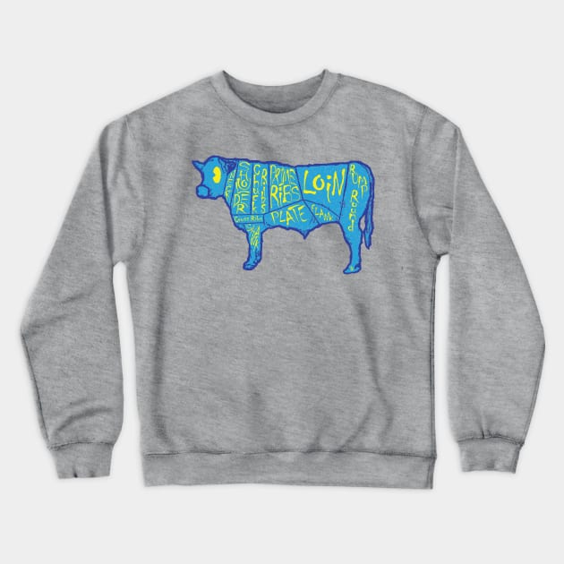 80s 90s Vintage Retro Style Blue Cow Butcher Chart Crewneck Sweatshirt by PelagiosCorner